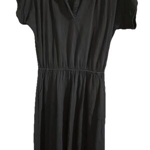 California Drawstrings Maxi Dress Black Made in USA 100% Cotton Pockets Collar